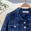 Autumn Dress Suit Women Korean Chic Blue Tweed Jacket + Vest Dress Elegant 2 Piece Set Long Sleeve Cropped Coat