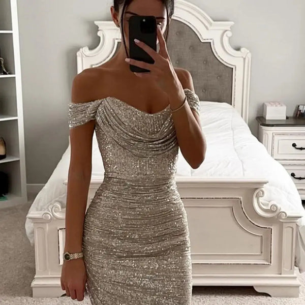 Women Christmas Party Dress Sequined Irregular Hem Evening Dress Low-cut Prom Wedding Party Formal Slit Hem Ladies Midi Dress