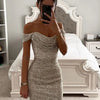 Women Christmas Party Dress Sequined Irregular Hem Evening Dress Low-cut Prom Wedding Party Formal Slit Hem Ladies Midi Dress
