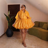 Women Organza Puff Mini Dress V Neck Lantern Long Sleeve Ruched Waist Bubble Hem Short Cocktail Dress Wedding Guest Party Dress