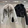 Real Fur Denim Jacket Women Autumn Fried Street Style Natural Fox Fur Collar + Rabbit Fur Liner Warm Rivet Short Jean Coat