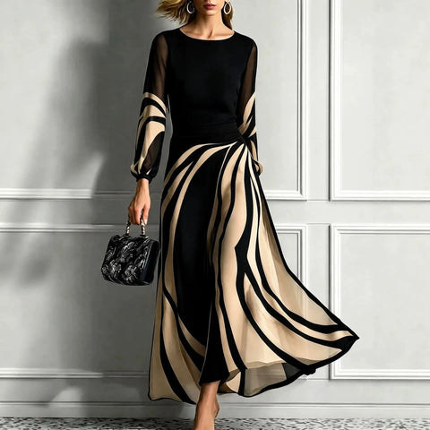 Women Color Block Striped Maxi Dress Round Neck Patchwork Chffion Mesh Long Sleeve Flowy A-Line Dress Vintage Chic Holiday Dress