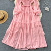 Vintage Chiffon Long Dress Women Elegant V-neck Long Sleeved Casual Dresses French Pleated Slim A-line Long Robe Vestidos