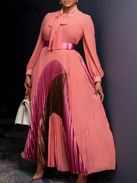 Elegant Women Wraped Bow Neck Long Sleeve with Sashes Maxi Long Dress Chic Sexy Party Prom Big Swing Pleated Dresses