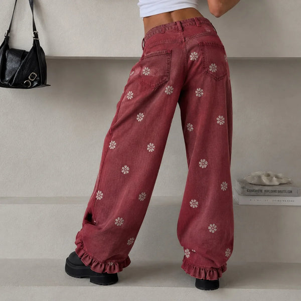 European and American Style Retro Flower Printing Wide-leg Jeans Women's Trousers Ruffle Edge Design Ripped Low-rise