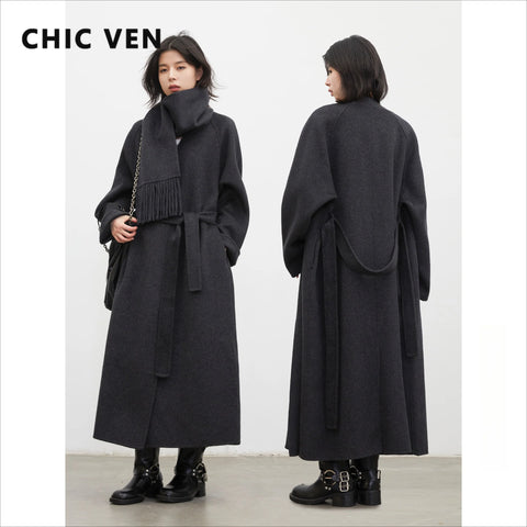 Korean Women Long Double-sided Woolen Coat Loose V Neck Office Ladies Overcoat Belt Oversize Clothes Autumn Winter