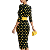 Women Polka Dot Bodycon Midi Dress 3/4 Puff Sleeve Boat Neck Contrast White Tie Waist Slim Pencil Formal Wedding Guest Dresses