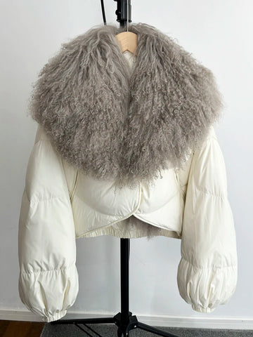 Lagabogy Winter Women Short Puffer Parka Duck Down Waterproof Jacket Female Real Mongolian Sheep Fur Collar Coat