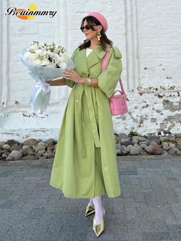 Women Green Oversized Belt Overcoat Elegant Long Sleeve Pleated Lapel Lace Up Windbreaker Autumn Lady Daily Street Outerwears