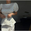 Elegant Women's Printed Waistband Long Dress 3D Flower V-neck Bubble Sleeve Patchwork A-line Dresses Spring Party Robe