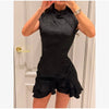 Solid Polka Dot Women's Mini Dress Deep V Neck Puff Sleeve Pleated Front Button A-line Short Dresses Elegant Party Lady Gown