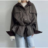 Retro Drew-string Jackets Women's Loose Full Sleeves Buttons Zipper Pockets Lapel Coats Ladies Autumn Solid Outwear
