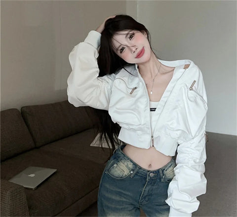 Spring Korean Style Stylish Design Zipper Pocket Wrinkled Sleeve Workwear Short Jacket Short Coat for Women