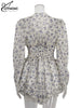 White Print Women's Dress Elegant V-Neck Ruffled Long Sleeve Dresses Autumn High Waisted Pleated Mini Dresses