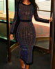 Sequin Round Neck Women Dress Striped Solid Splice Party Tight High Waist Casual Sexy Hip Wrap Long Sheath Dresses