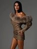 Sexy Furry PU Patchwork Dress Women Zip Diagonal Collar Tierred Ruched Irregular Full Sleeve Winter Streetwear