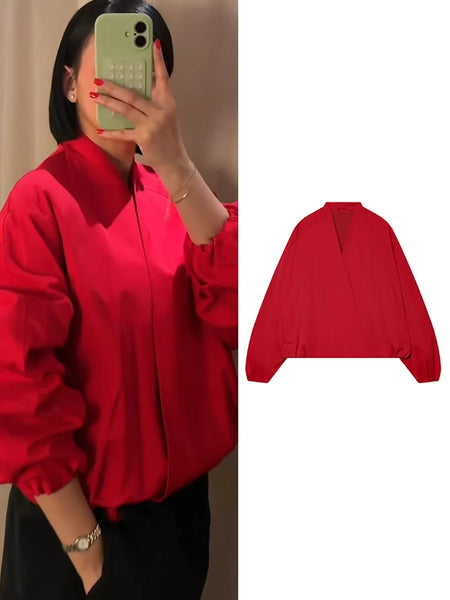 Red Short Jacket For Women Loose Fit V Collar Long Sleeve Coat Spring Autumn Female Street Outerwear