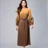 Elegant Gradient Color Pleated Women's Dress Lace Up Design Round Collar Flower Sleeve Famale Clothing 2DB8074