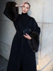 Lady Long Wool Blend Coat Stand Collar Faux Fur Cuffs Belted Waist Loose Oversized Maxi Wrap Outerwear Elegant Winter Overcoat