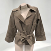Plaid Short Trench Coat Women Lapel Collar Double Breasted Belted Waist Long Sleeve Loose Jacket Autumn Casual Chic Coats