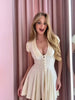 Cream White Polka Dot Mini Dress Women Deep V Neck Short Puff Sleeve Pleated Front Buttons Slim Fit Casual Party Dresses