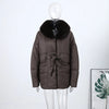 Warm Fur Collar Elastic Waist Hooded Coat Women's Elegant Waist-cinching Zippers Long Cotton Coats Winter Lady Outwear