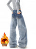 Fleece Lined Thick Curved Barrel Wide Leg Jeans Women Retro High Street Designer Loose Slim Denim Pants