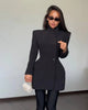Women Waist Cinching Suit Jacket Elegant V-neck Full Sleeve Single Button Shoulder Pad Slim Coat Lady Commute Outerwear