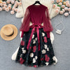 Senior Knitted Patchwork Dress Long Lantern Sleeves Bow Mesh Embroidery Floral Women Autumn France Elegant Party Dress