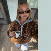 Fleece Women's Jacket Coat Deer Print Half Zip Pullover Jacket Color Block Collar Long Sleeve Cropped Chic Outerwear For Ladies