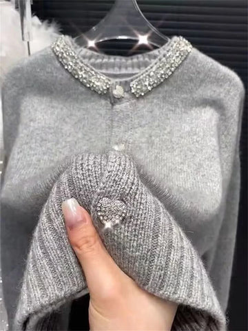 Women Clothing Oversized Cardigan Jackets Diamond O-neck Vintage Casual Knitted Sweater Tops Pull Femme Cardigans Sweater