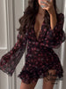 Sexy Flora Painted Ruffle Slim Dress Women Chic Full Sleeves Deep V-neck A-line Short Dresses Lady Night Club Street Gowns