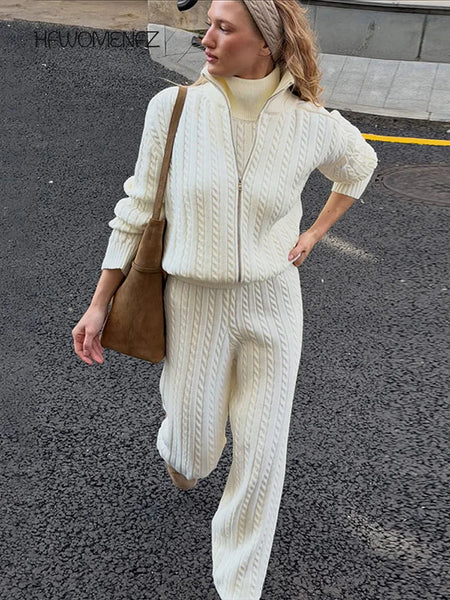 Casual Solid Knit Top Pants Set Women Stand Collar Full Sleeve Sweater Wide Leg Trousers Sets Autumn Lady Suit