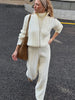 Casual Solid Knit Top Pants Set Women Stand Collar Full Sleeve Sweater Wide Leg Trousers Sets Autumn Lady Suit
