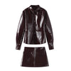 PU Leather Women Coat Skirt Suits Button Long Sleeve Lapel Female Jacket Sets Autumn Bodycon Mini Skirts 2 Pieces Outfits
