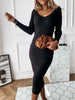 Spring Women's Dress Long Sleeve V Neck Low Cut Thread Tight Party Khaki Basic Long Skirt