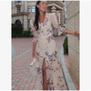 Women White Floral Print Maxi Dress V Neck Puff Sleeve Peplum Waist Fishtail Hem Chiffon Robe Elegant Party Wedding Guest Gown