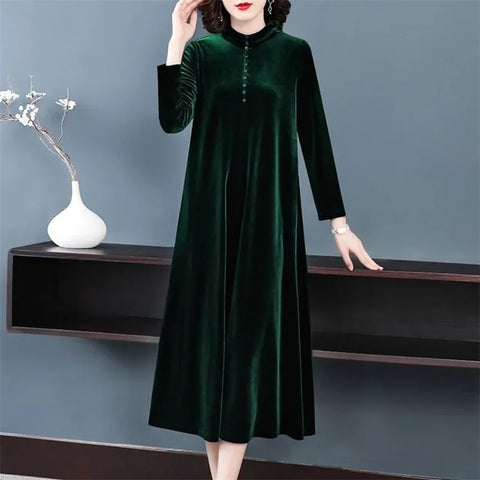 Women's Korean version Fat mm350 jin Golden Velvet Dress Female Spring and Autumn Knee Length Mom's Wide Wife Dress