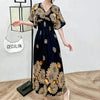 Women Bohemian Ethnic Printed Holiday Dress V-Neck Elastic Waist Casual Batswing Sleeve Mid Dress Elegant Vintage Retro Dress