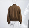 Vintage Cropped Women's Bomber Jacket Coat Faux Suede Stand Collar Short Outerwear High Street Female Casual Work Outfit