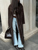 Casual Brown Lace Up Faux Fur Coat Women Turtleneck Full Sleeve Fluffy Loose Striped Long Coats Lady Winter Daily Street Jacket