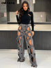 Women Vintage Cutout Hollow Out Criss Cross Straight Denim Pants High Waist Wide Leg Jeans Trousers