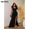 Women One Shoulder Open Back Sequined High Side Split Mermaid Maxi Dress Sexy Club Evening Party Dresses Vestidos