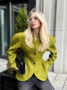 Women Elegant Peplum Blazer Olive Green Slim Fit Flared Hem Jacket Vintage Puff Sleeve Office Lady Coat