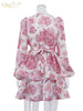 Sexy Loose Print Women's Dress V-Neck Puff Sleeve Mini Dresses Elegant Classic High Waist Pleated Female Dress