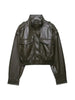 Women's Faux Leather Short Jacket Coat Long Sleeve High Collar Chic Top with Flap Pockets Female Outerwear