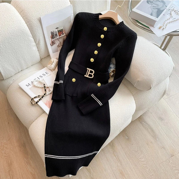 Autumn Winter Women Knitted Dress Brand O-neck Buttons Bodycon Sweater Dress with Belt Lady Office Dress