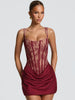 Lace Corset Mini Dress Women Square Neck Wide Strap Ruched Satin Bodycon Short Dress Club Party Cocktail Vestidos