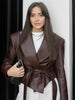 Burgundy PU Jacket Women Autumn Slim Lace Up Blazer Top Fall Casual Leather Jackets Coat Femme