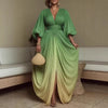 Women Gradient Evening Maxi Dress Deep V-Neck Puff Sleeve Bodycon Ruched Waist Flowy Slit Elegant Occasion Gown Party Dresses